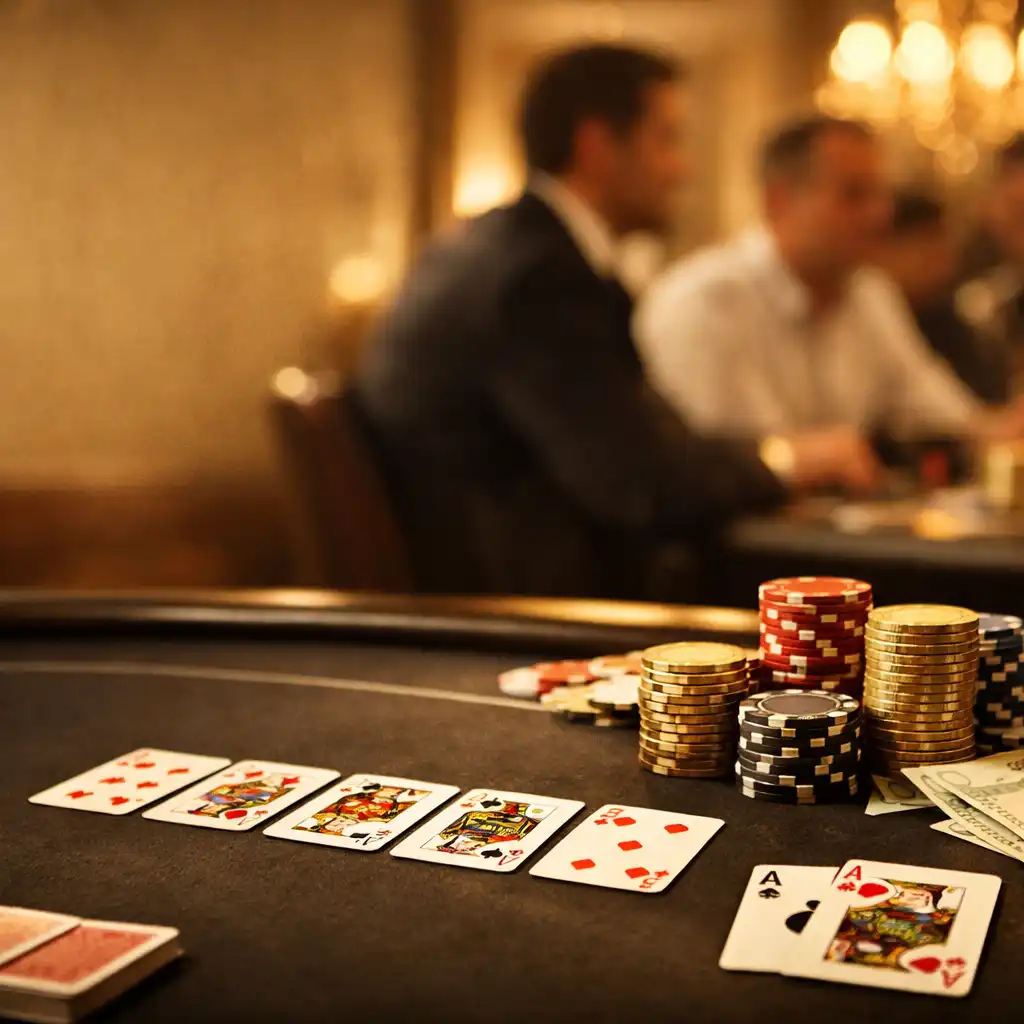 Pokerový stůl s kartami a žetony během živého turnaje